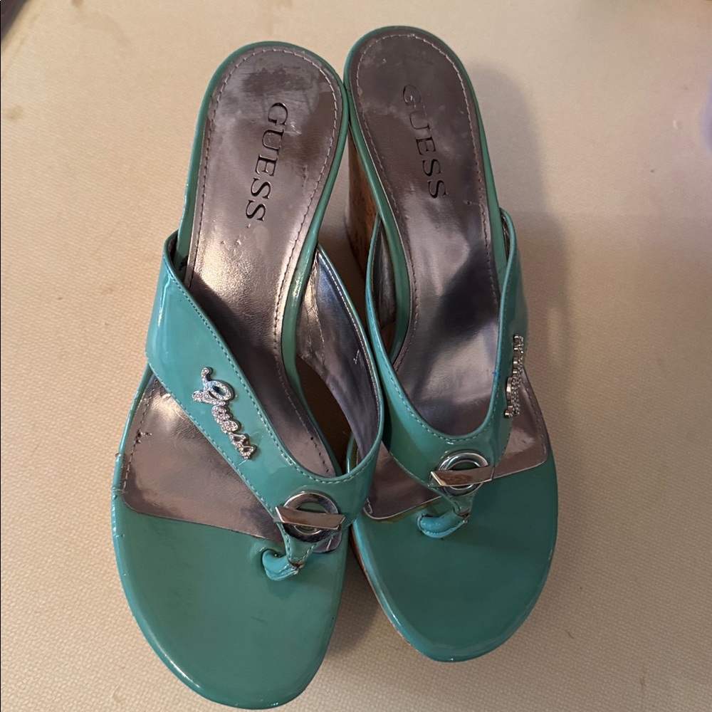 Guess Turquoise Wedge Sandals with Silver Detail